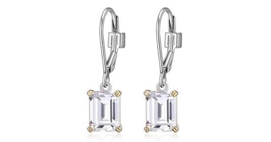 SIGNATURE 2 TONE RHOD/GOLD PLATED 8X6MM EMERALD CUT 3A CUBIC ZIRCONIA DANGLE EARRING WITH LEVER BACK