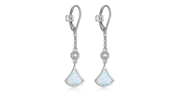 DELTA RHOD PLTD TRIANGULAR CREATED OPAL 8X1.25MM & 3MM ROUND CZ DANGLE EARRING