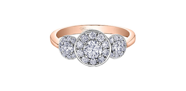 0.85 ct T.W Diamond 3-stones Halo Engagement Ring in 14K White Rose Gold