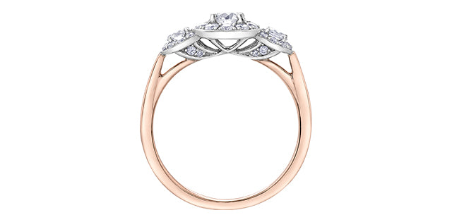 0.85 ct T.W Diamond 3-stones Halo Engagement Ring in 14K White Rose Gold