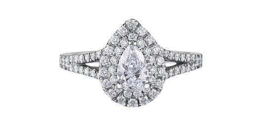 1.06 ct T.W.-18KPD White Gold Pear Cut Double Halo Split Shank Diamond Engagement Ring