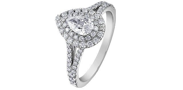 1.06 ct T.W.-18KPD White Gold Pear Cut Double Halo Split Shank Diamond Engagement Ring