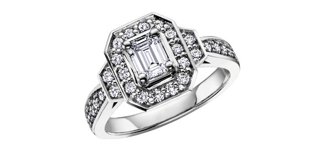 1.00 ct T.W.-14K White Gold Emerald Cut Diamond Octogonal Frame Engagement Ring
