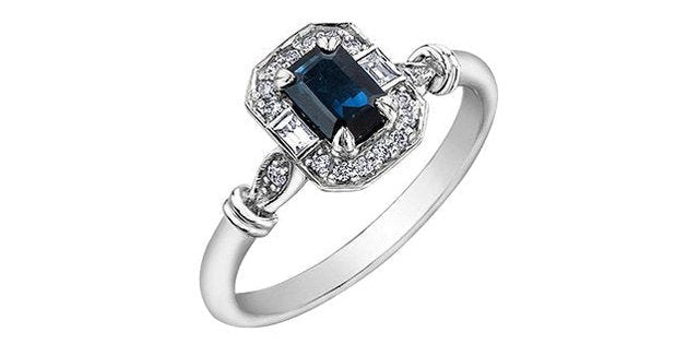 Blue & White Sapphire 0.08 ct T.W Diamond Cushion Vintage-style White Gold Ring