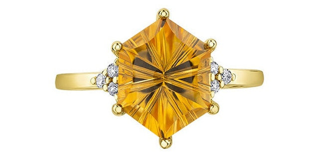 Hexagon Citrine 0.07 ct T.W Diamond Tri-stones Yellow Gold Ring