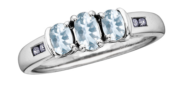 March 3-Stones Aquamarine 0.06 ct T.W Diamond White Gold Ring
