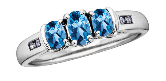 3-Stones Blue Topaz  0.06 ct T.W Diamond White Gold Ring