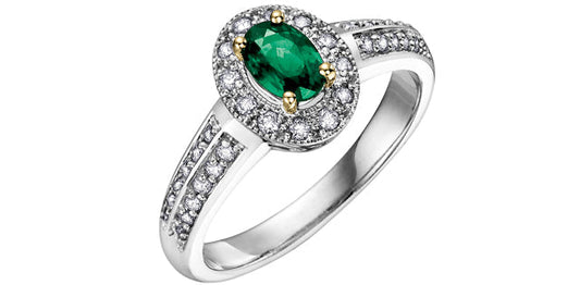Emerald 0.27 ct T.W Diamond Double Rows Halo 14K Two Tone Gold Ring