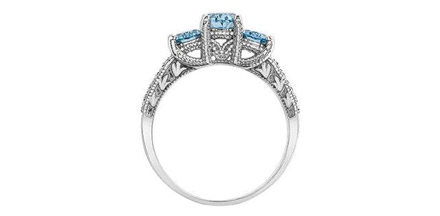 3-Stones Aquamarine 0.01 ct T.W Vintage-Style Diamond Accent White Gold Ring