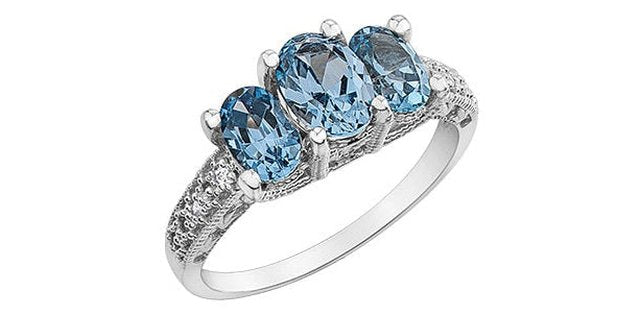 3-Stones Aquamarine 0.01 ct T.W Vintage-Style Diamond Accent White Gold Ring