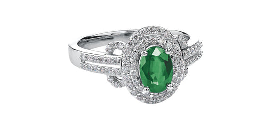 Emerald 0.35 ct T.W Diamond Double Halo White Gold Ring