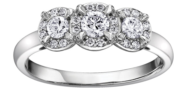 0.50 ct T.W -Canadian Diamond 3-Stone Halo Engagement Ring 14K White Gold