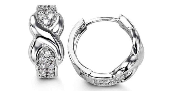 7x14mm C.Z. Double Pave Criss-cross Silver Huggies